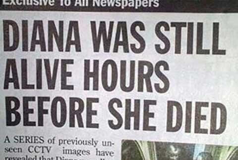 Overskrift der forklarer, at prinsesse Diana var levende, før hun døde